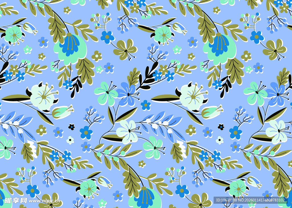 蓝色花卉鸟类图案背景