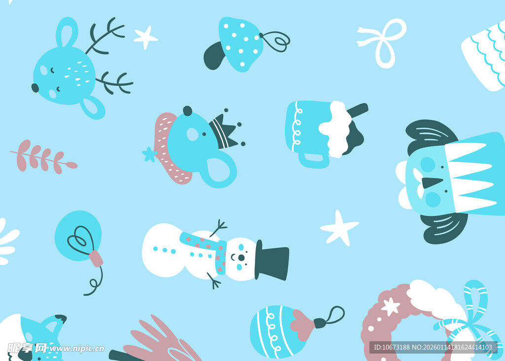 蓝色卡通动物及物品图案