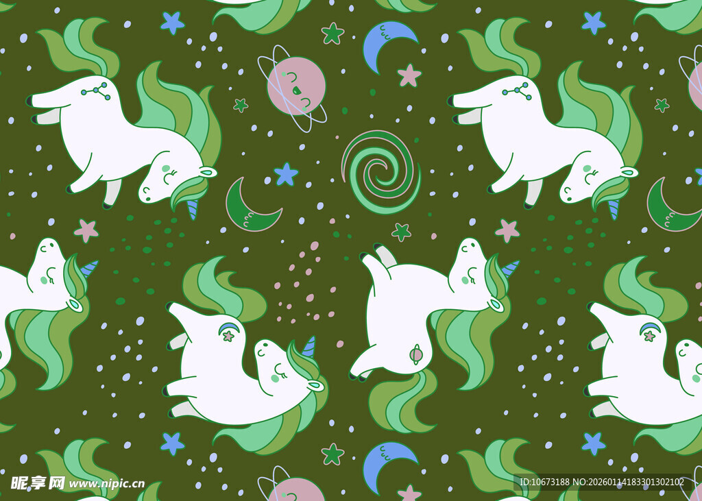 梦幻独角兽绿色花纹图案