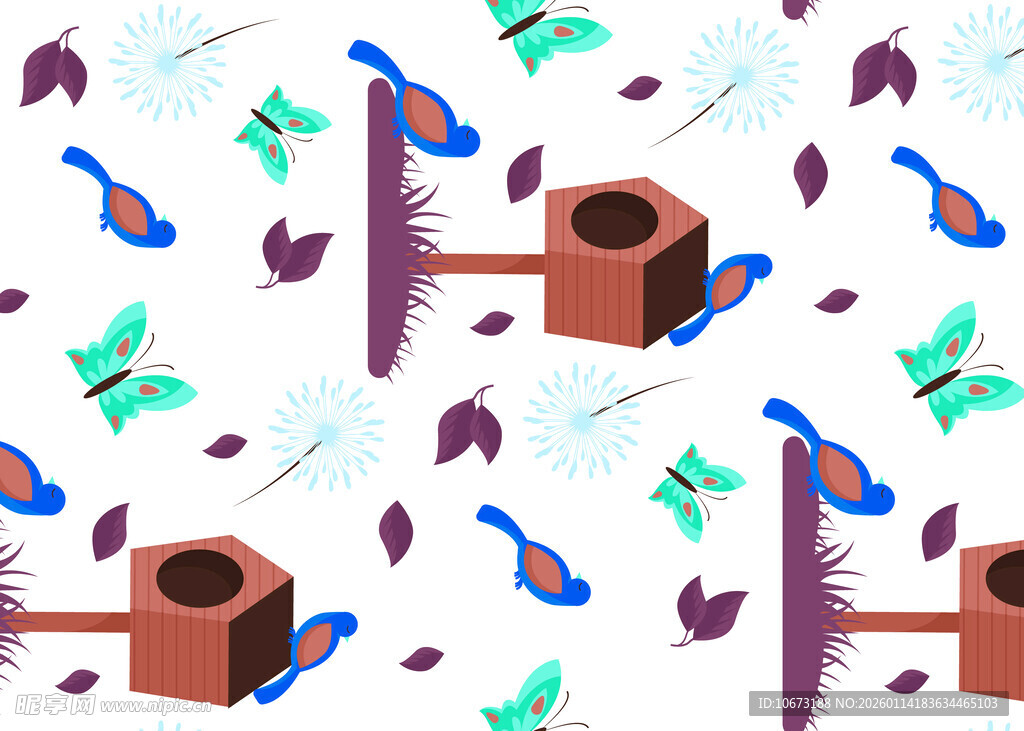 多彩小鸟与方块图案设计