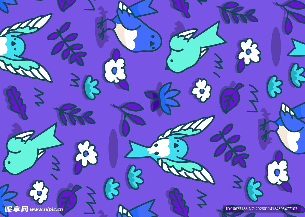 紫色背景飞鸟花卉图案