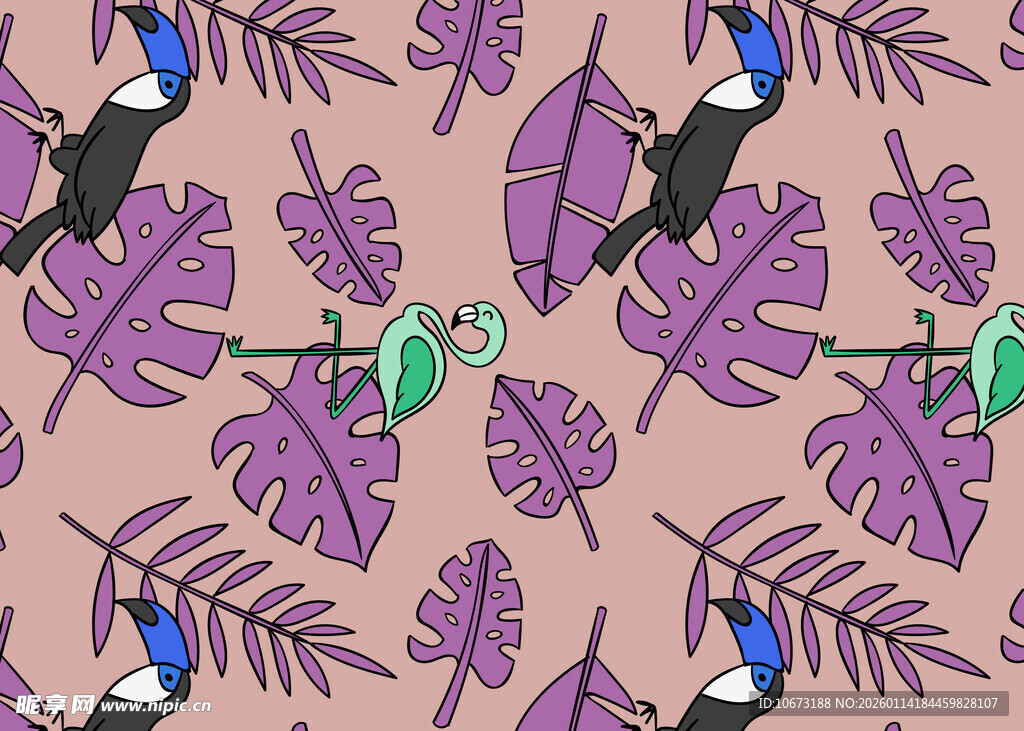 巨嘴鸟与热带叶图案背景