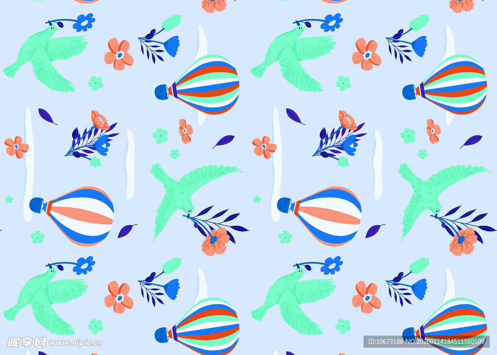 清新热气球花卉图案背景