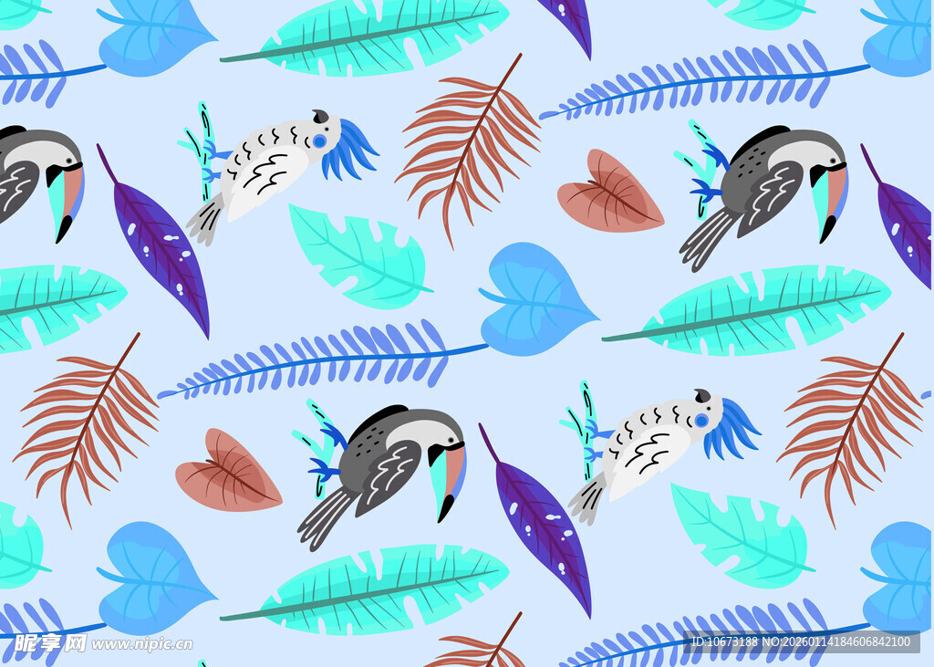 热带鸟类植物无缝图案