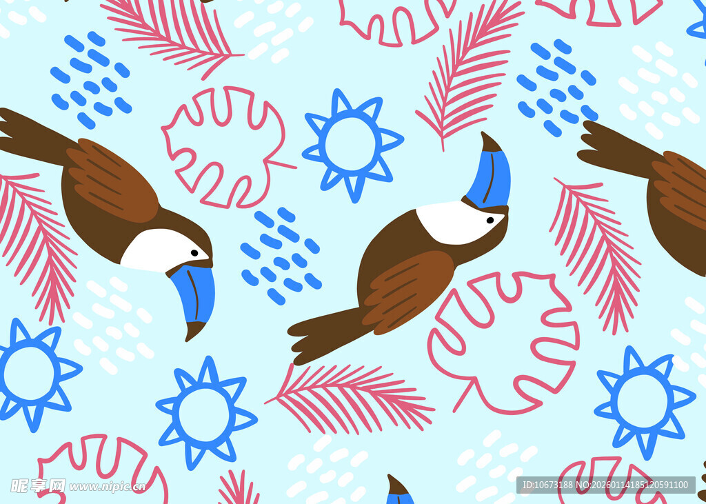 热带鸟类与植物图案设计