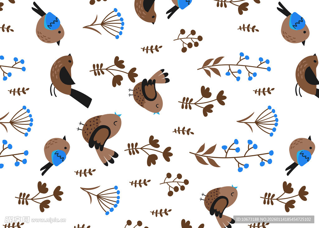 鸟类花卉图案无缝背景图