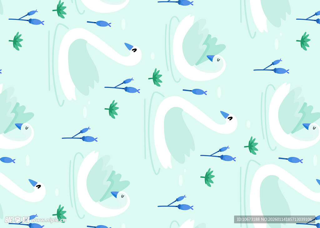 清新蓝绿飞鸟藤蔓图案