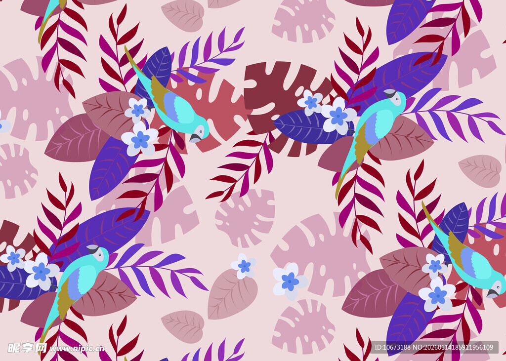 热带花卉鸟类图案背景