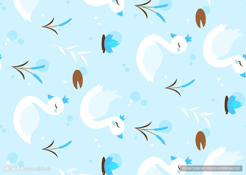 浅蓝色底白鹤枝叶图案