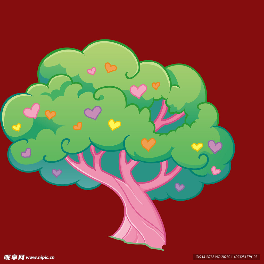 爱心装饰的梦幻卡通树