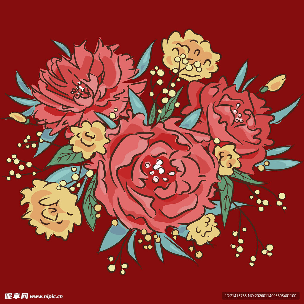 红色花卉插画绚丽多姿