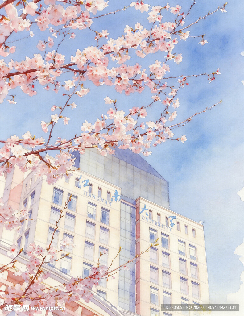 江南学府 樱花季 水彩画 春 