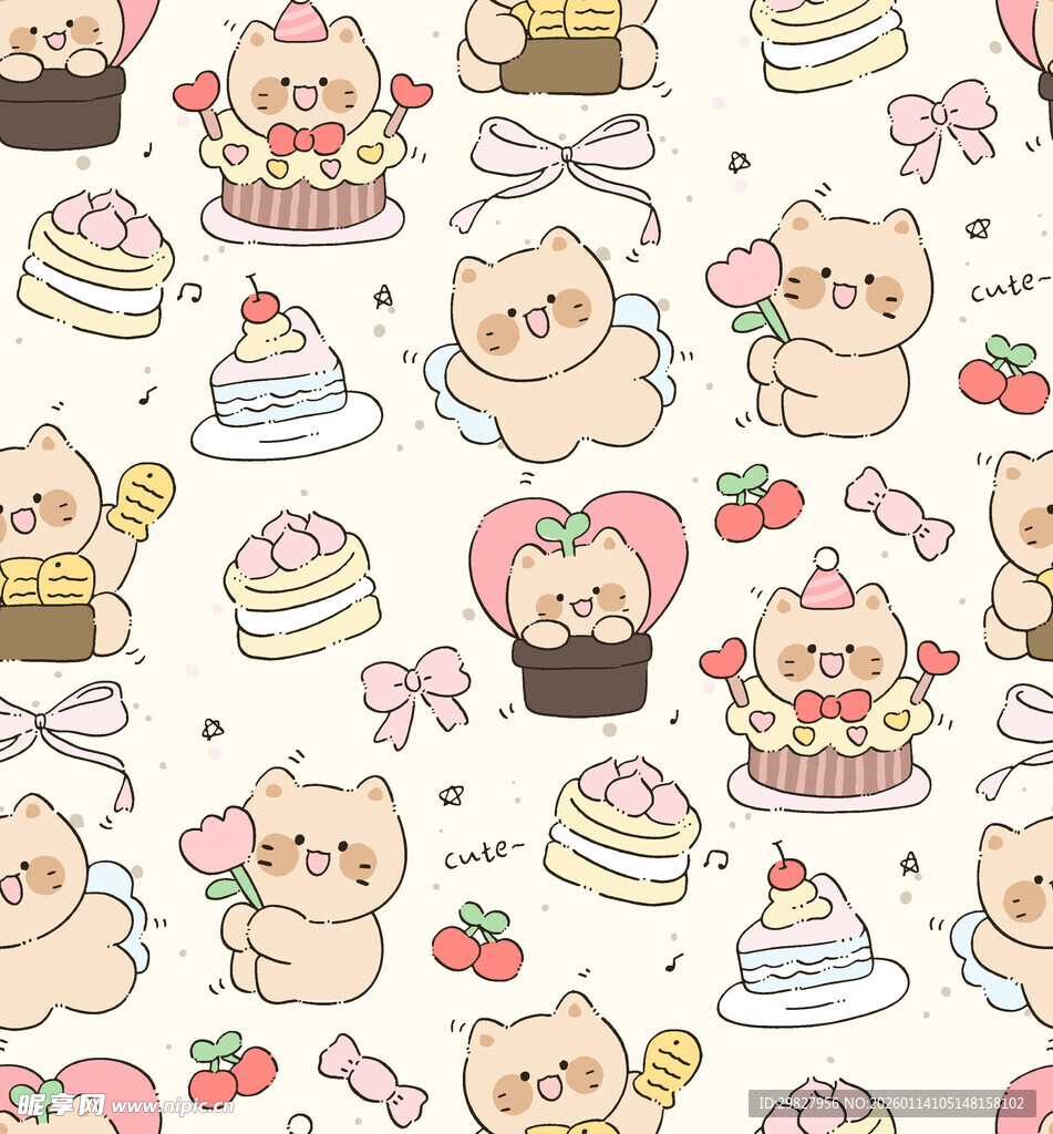 可爱猫咪与甜点图案设计
