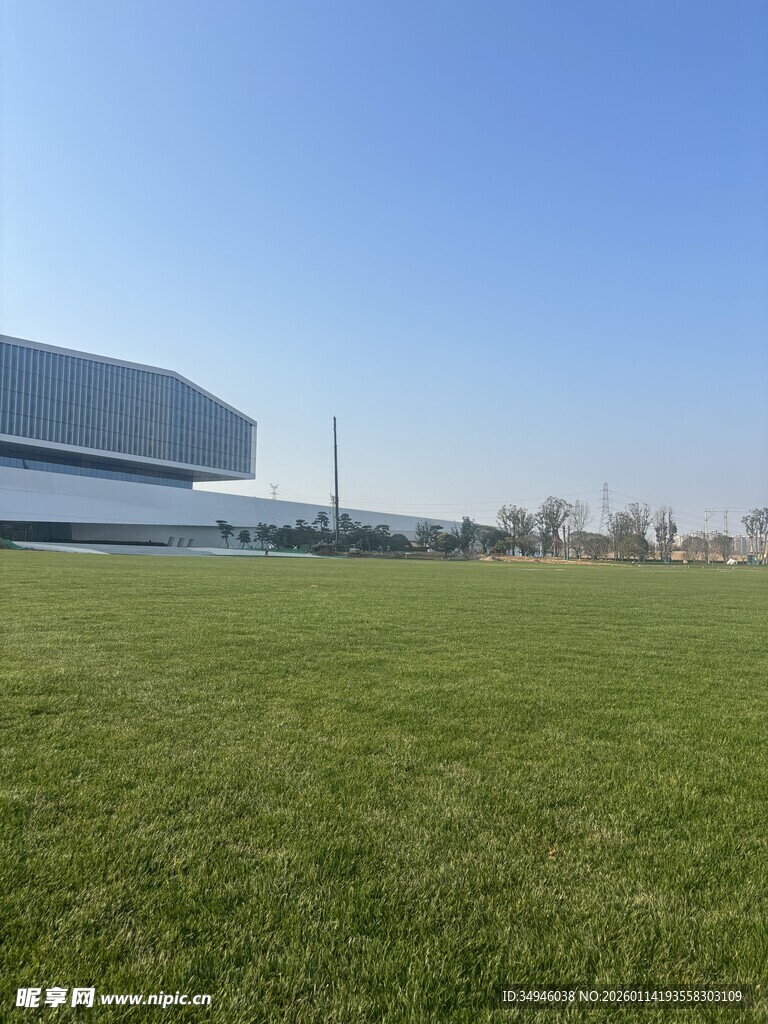 开阔草地旁的现代建筑