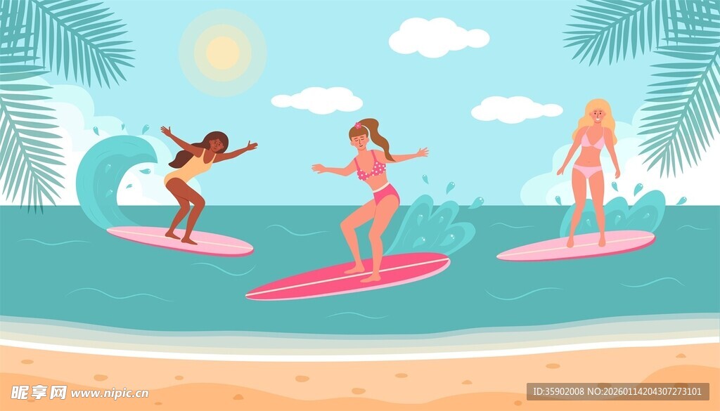 海滩上的活力冲浪女孩