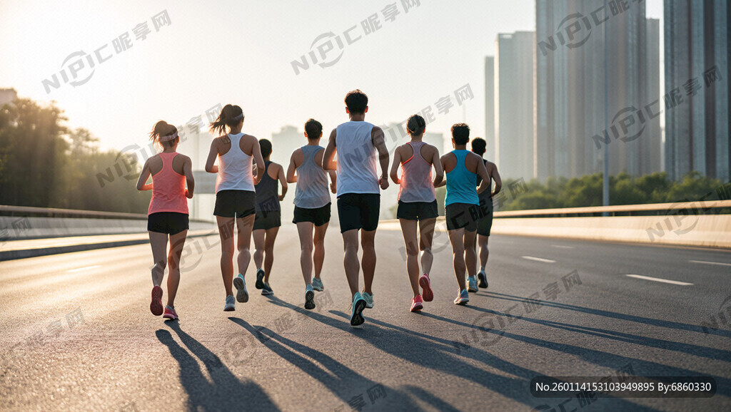 清晨阳光群体跑步背影
