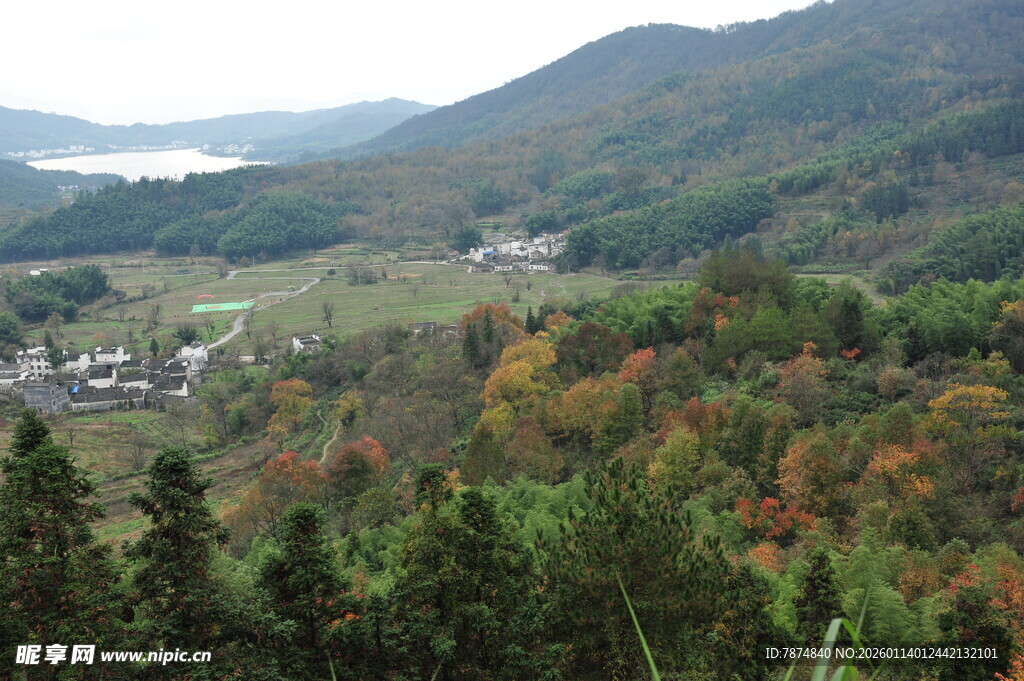 秋日山林间的美丽村落