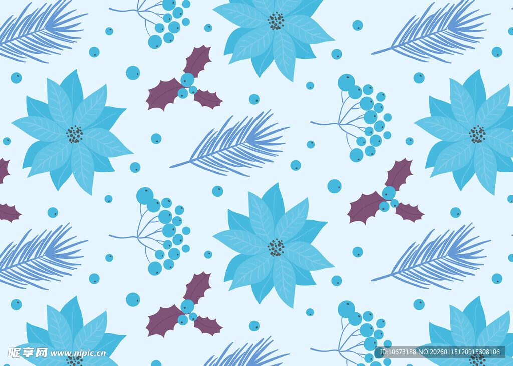蓝色花卉植物无缝图案