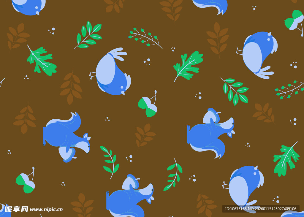 蓝白松鼠绿叶图案背景