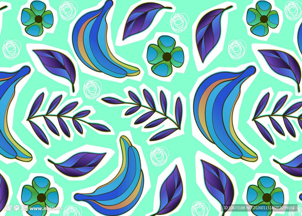 蓝绿花卉香蕉图案设计
