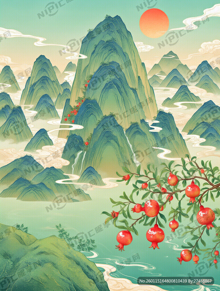 浅绿色底、中国风、山峦、云朵、