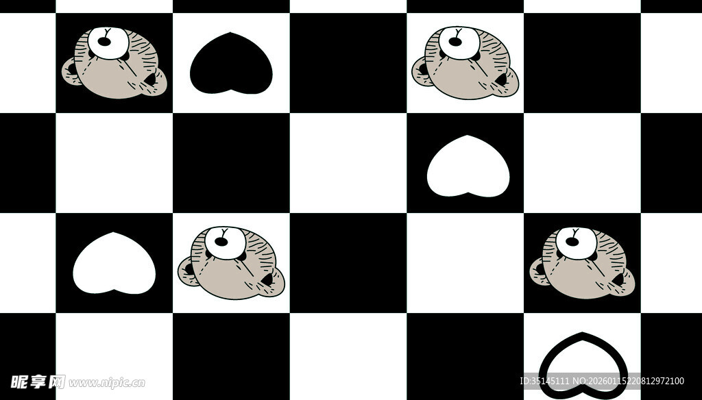 熊猫图案黑白棋盘背景