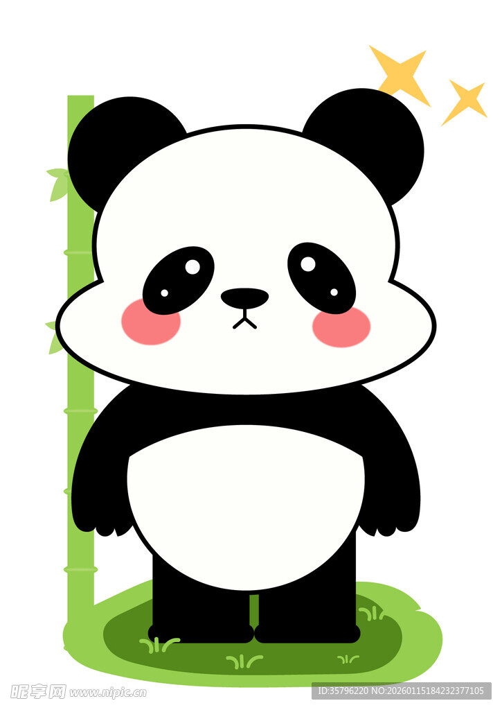 可爱熊猫站立在绿植旁