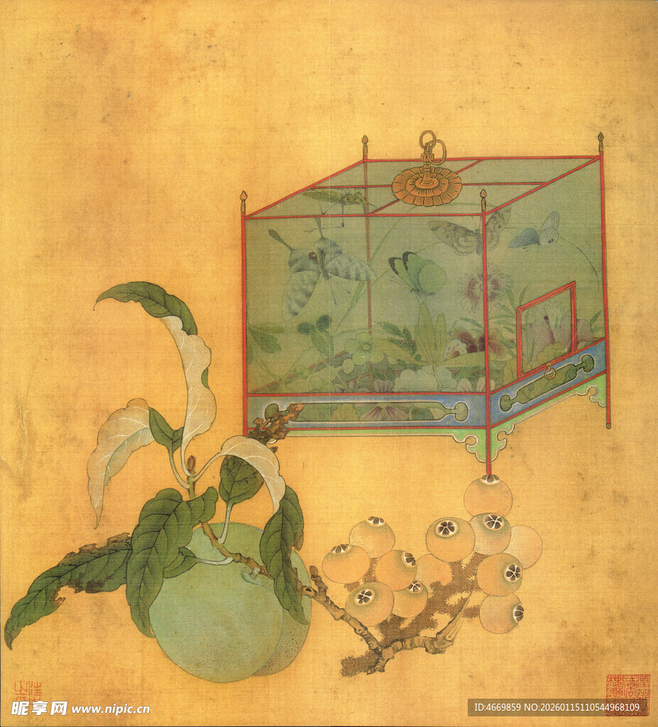 中式静物图笼中景配蔬果