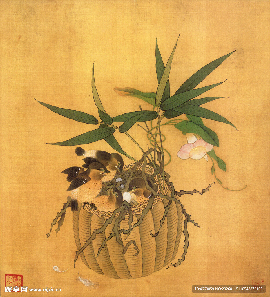 墨竹图绘花鸟相伴意韵浓