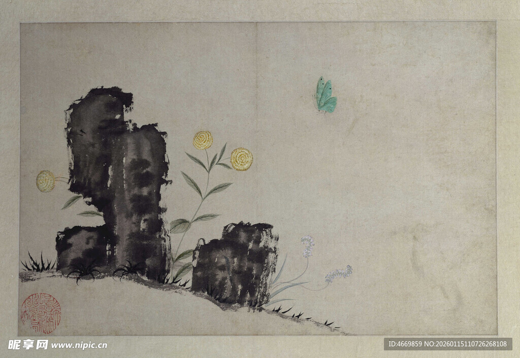 水墨山石间的灵动小花