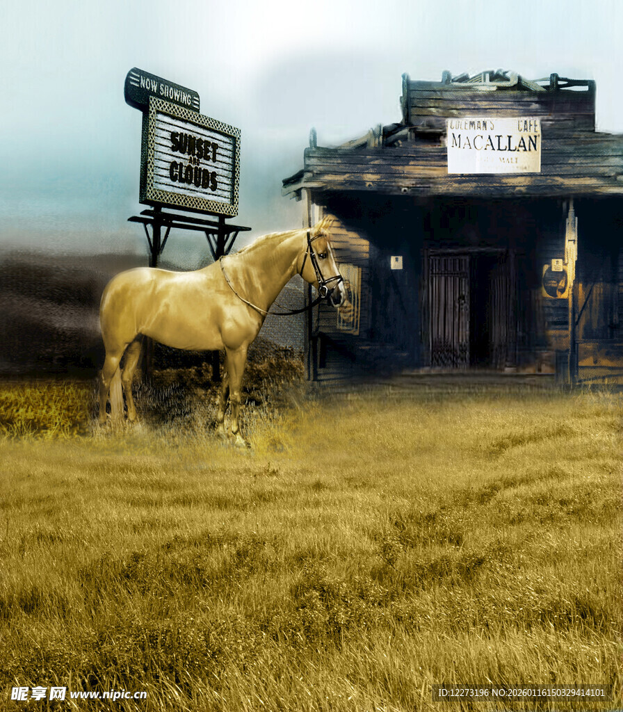 草原上的马与复古建筑