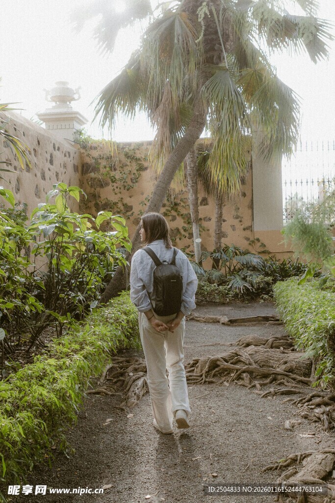 徒步者穿行于绿植小径