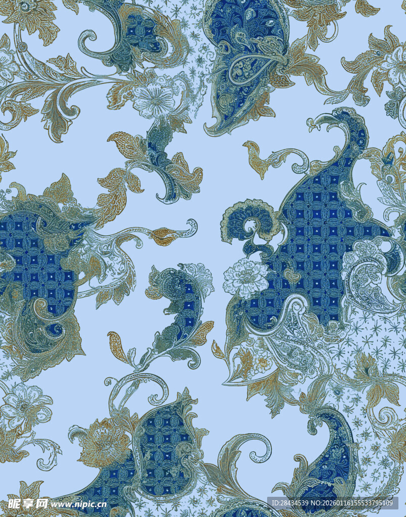 蓝白佩斯利花纹图案