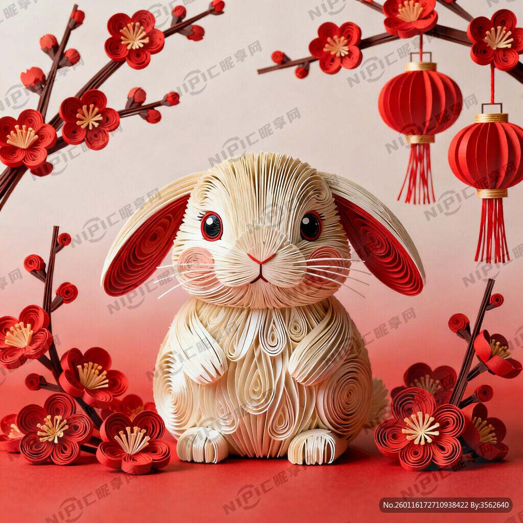 衍纸艺术 春节 可爱兔子 红梅