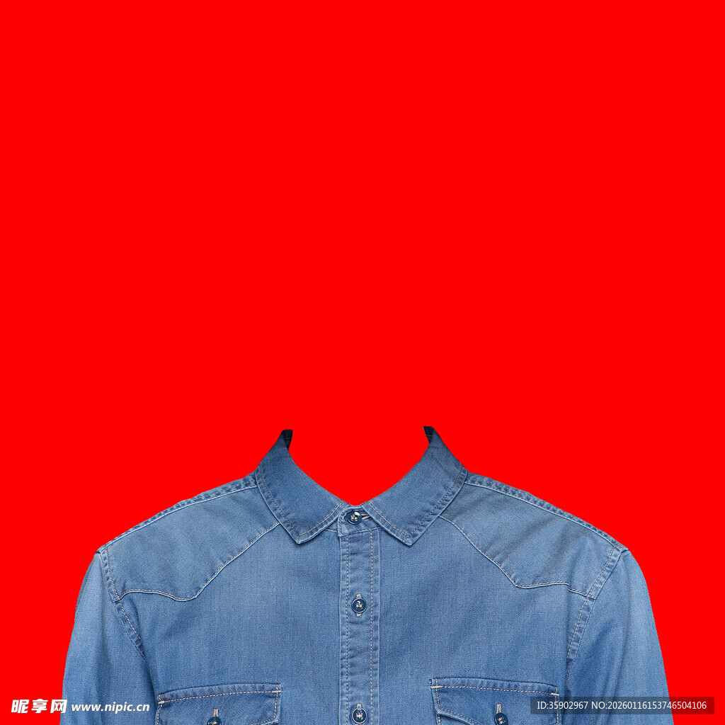红色背景下的蓝色牛仔衬衫