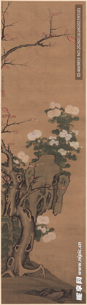 古画中的花卉枯木景致