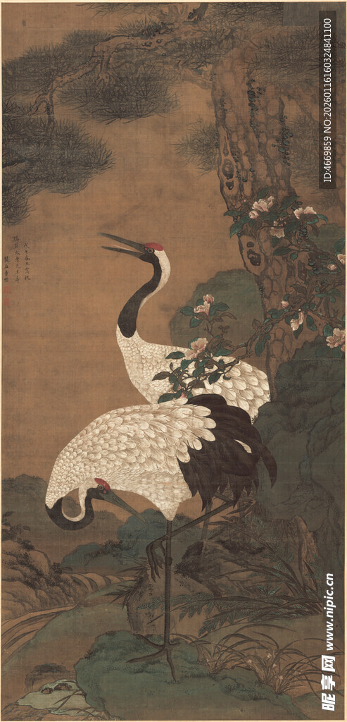 古画中双鹤立于自然间