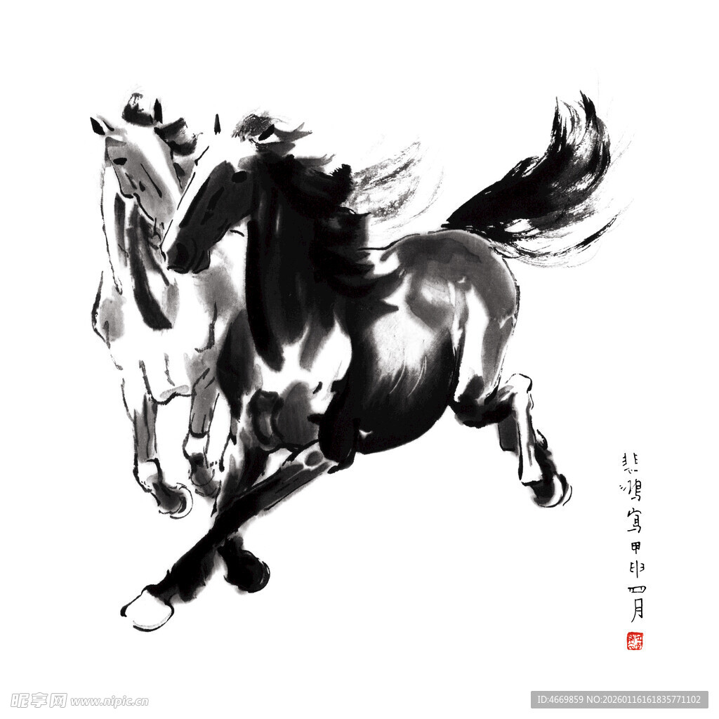 奔腾双马图