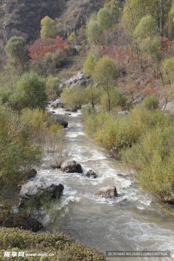 山间溪流秋色美景