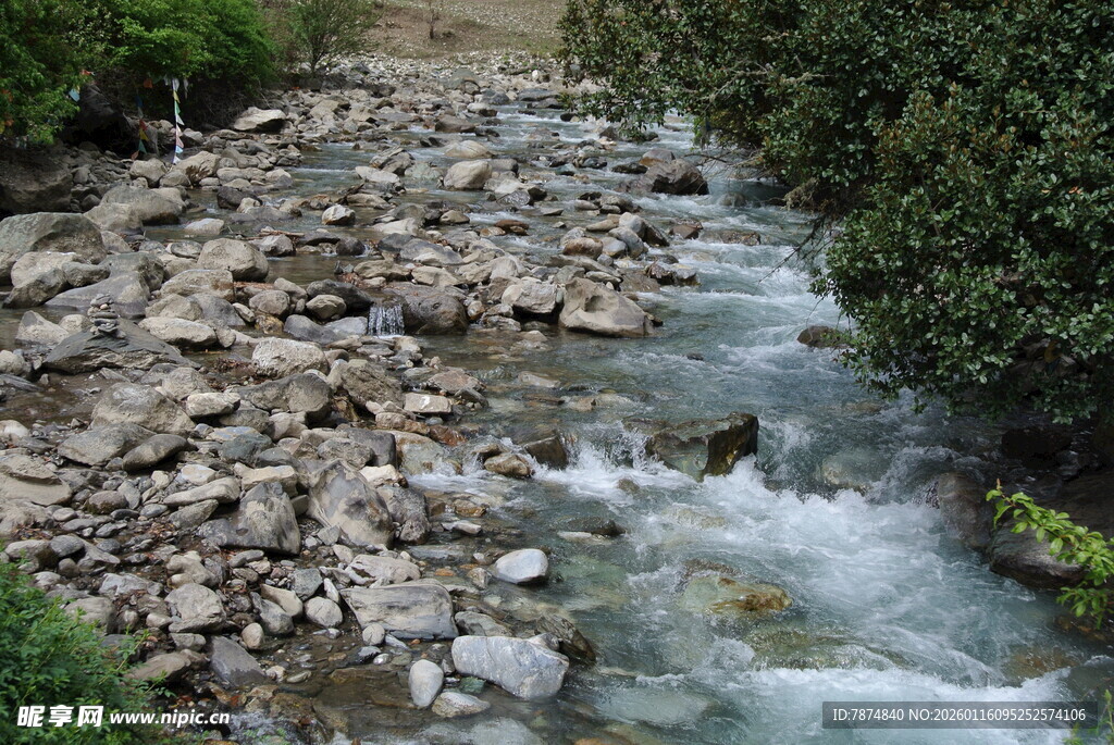 山间溪流潺潺 碎石相伴
