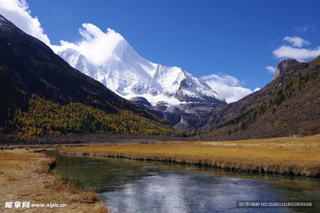 雪山下的宁静河谷风光