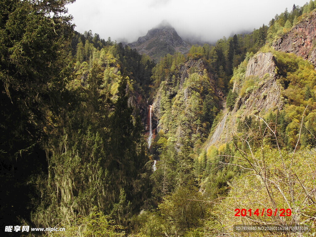 山间瀑布与葱郁森林景观