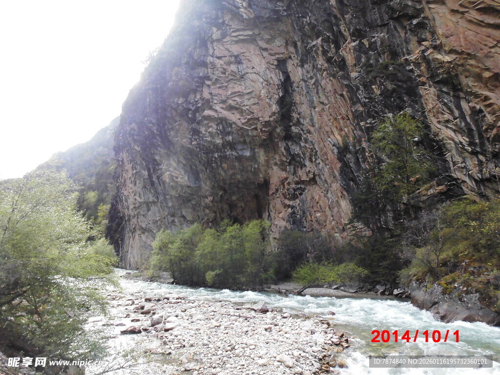 山间河谷岩石与绿植景观