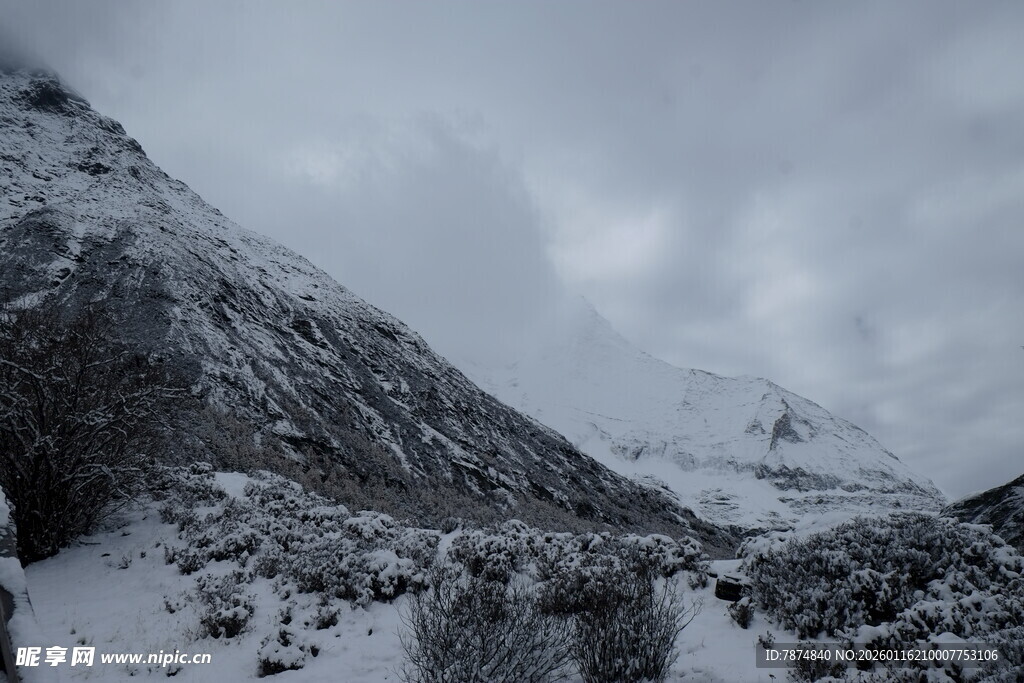 雪山云雾下的静谧山谷