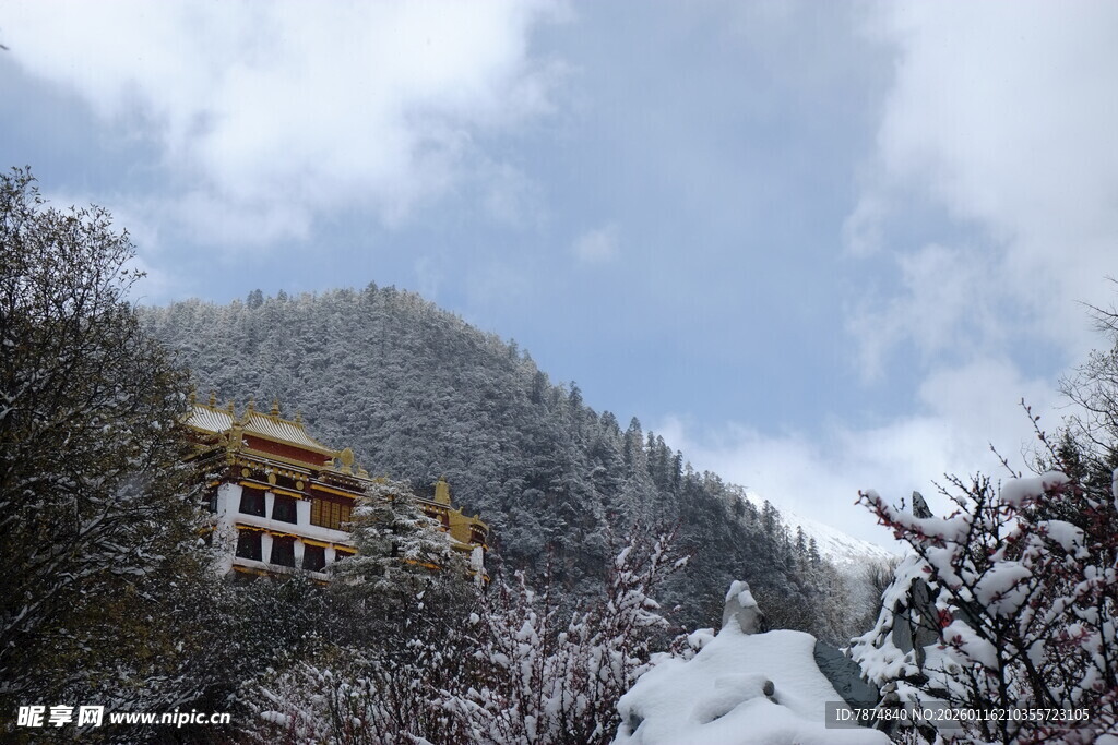 雪覆山林中的古朴建筑