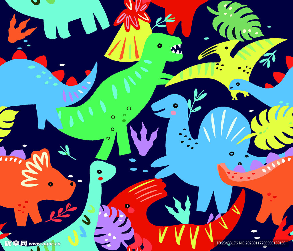多彩恐龙与热带植物图案