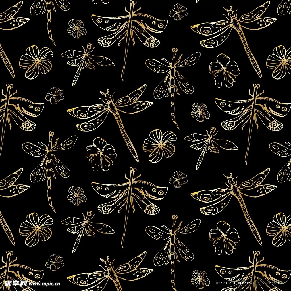 金色蜻蜓黑色背景图案