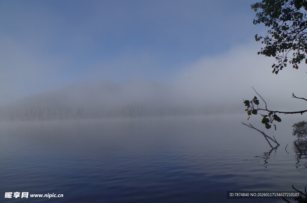 湖畔晨雾中的静谧景致