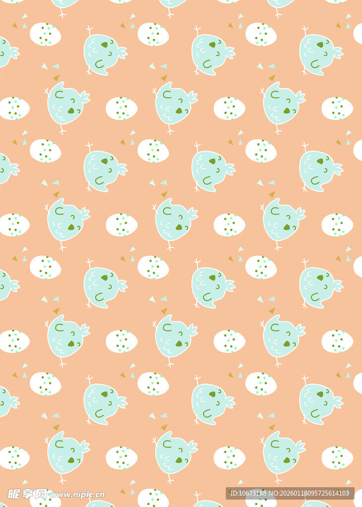 橙色底可爱小鸟云朵图案