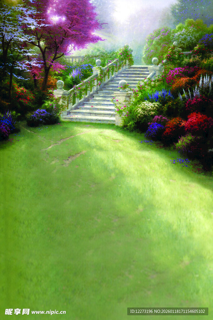 梦幻花园中的翠绿草坪